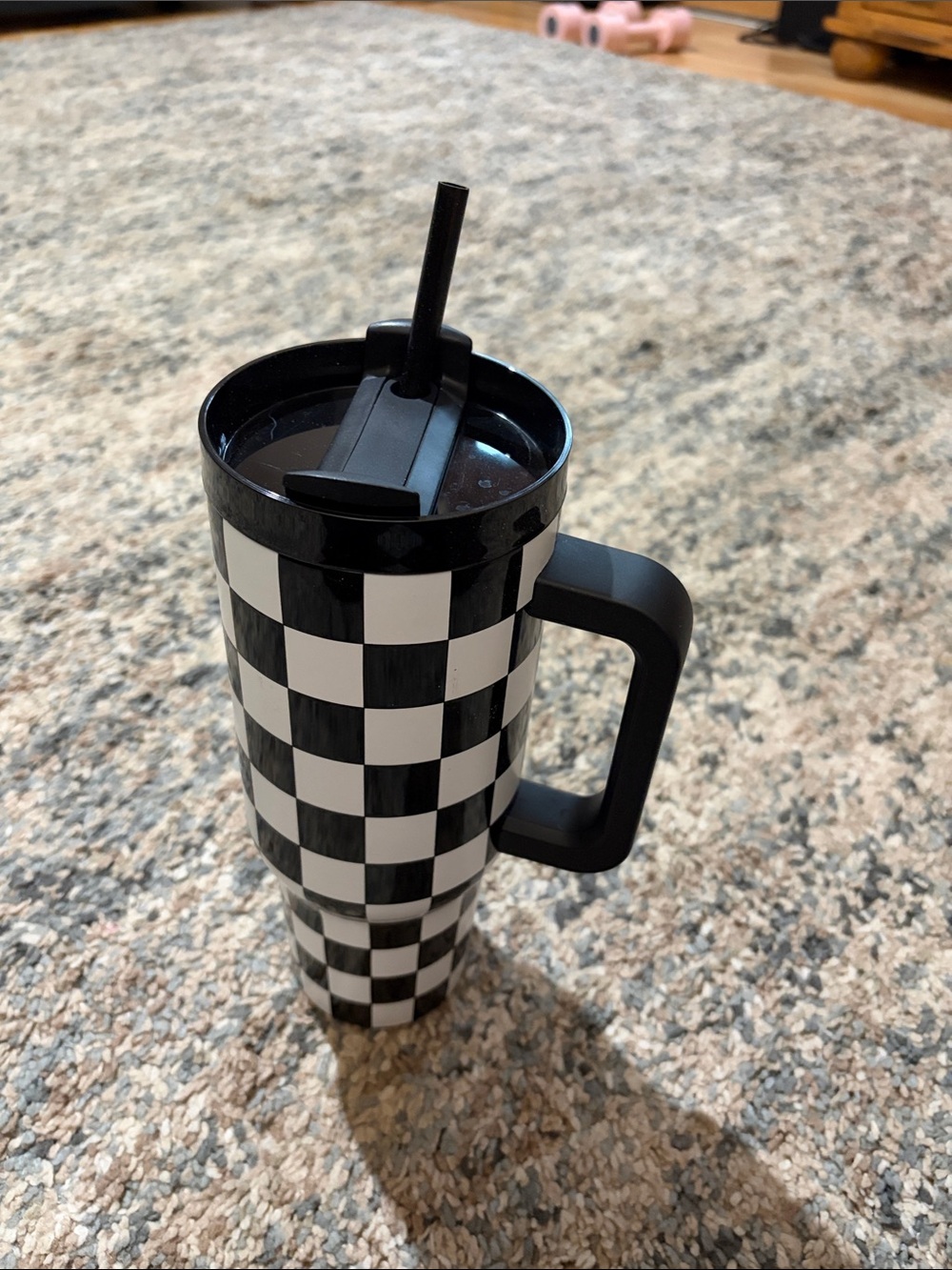 Black & White Checkered Travel Mug with Handle and Straw - Picture 2 of 7